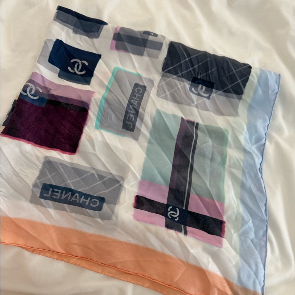 CHANEL Silk Scarf with Black, Pink, and Blue Accents